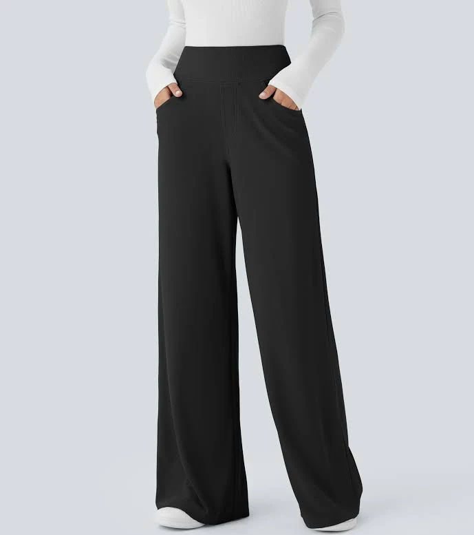 Halara Flex High Waisted Tummy Control Pockets Wide Leg Micro Waffle Work Pants