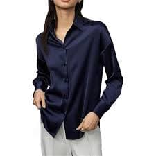 Office Lady Solid Color Button Shirt Women's Spring Lapel Long Sleeve Loose Blouse Navy Blue at Amazon Women's Clothing store