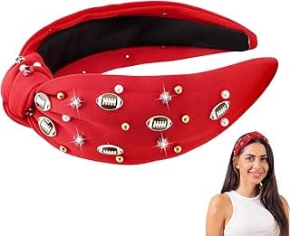 Football Headband for Women, Red Wide Rhinestone Pearl Football Embellished Knotted Headband, Top Knot Hairband Headpiece Game Day Sports Fan Gifts
