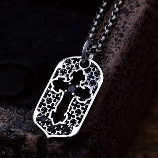 Ornate Filigree Cross Tag Pendant Solid 925 Silver Hollow Gothic Mens