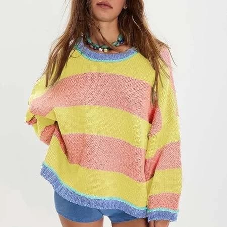 Women's Striped Crewneck Long Sleeve Pullover Sweater