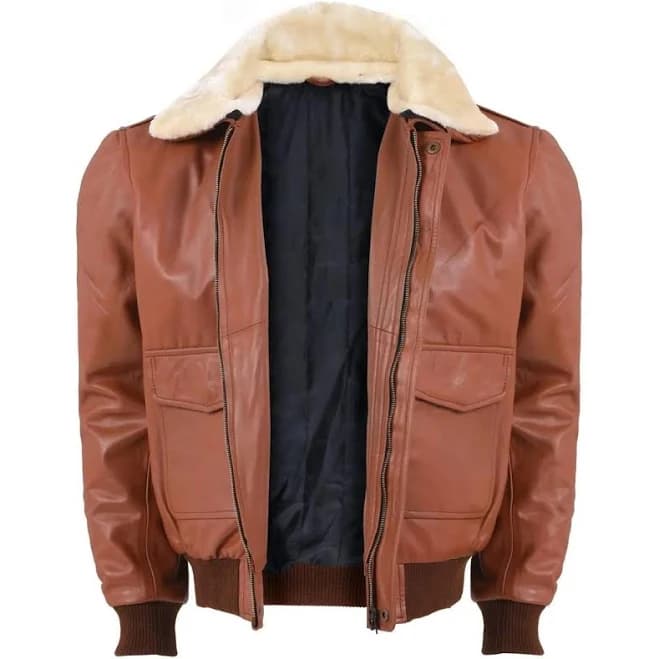 Men’s Brown Leather Bomber Jacket Aviator Style With Shearling Collar