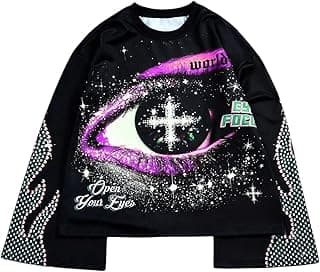 Men's Eyes Cross Graphic T Shirts Long Sleeve Crew Neck Tee Oversized Tops Streetwear
