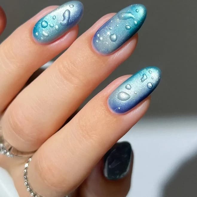 Handmade Teal Blue Ombre Water Drop Sparkle Press On Nails
