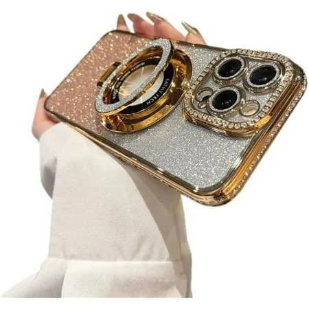 Bling Glitter Phone Case Compatible with iPhone 16 Pro Max, Kickstand Camera Lens Protector Soft Cover Sparkling Rhinestone Case, Gold