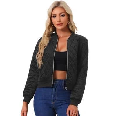 INSPIRE CHIC Women's Zip Up Long Sleeve Velvet Surface Diamond Quilted Bomber Jackets