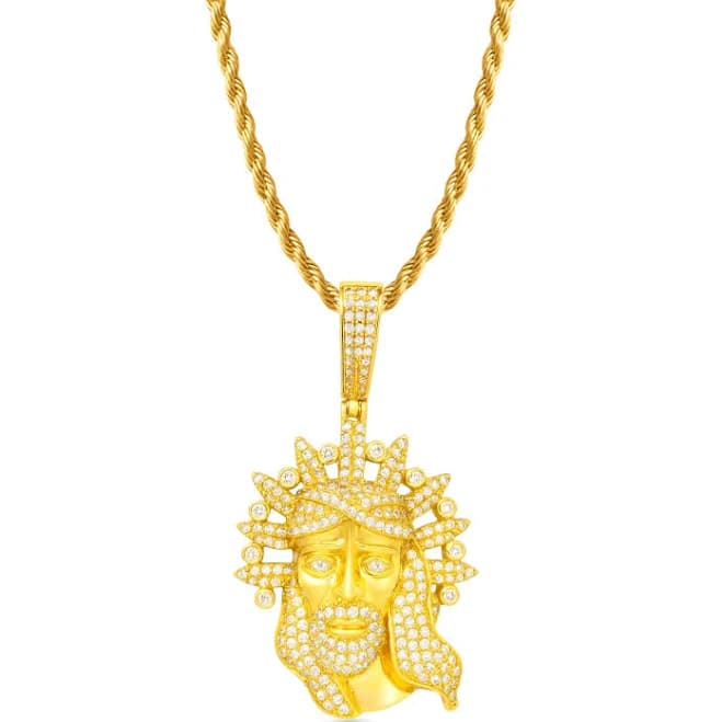 Jesus Diamond Pendant Rope Chain, 20”
