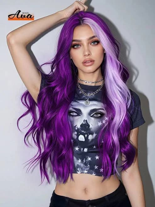 26 Inch Purple & Light Purple Long Curly Synthetic Wig, Wavy Curly Synthetic Wig, Women's Wavy Cosplay Party Colored Synthetic Wig, Holiday Party Wig,