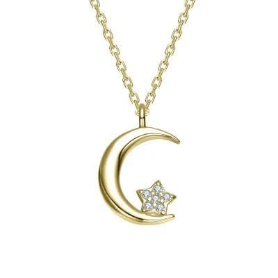 14K Yellow Gold Crescent Moon & Star Cubic Zirconia Necklace