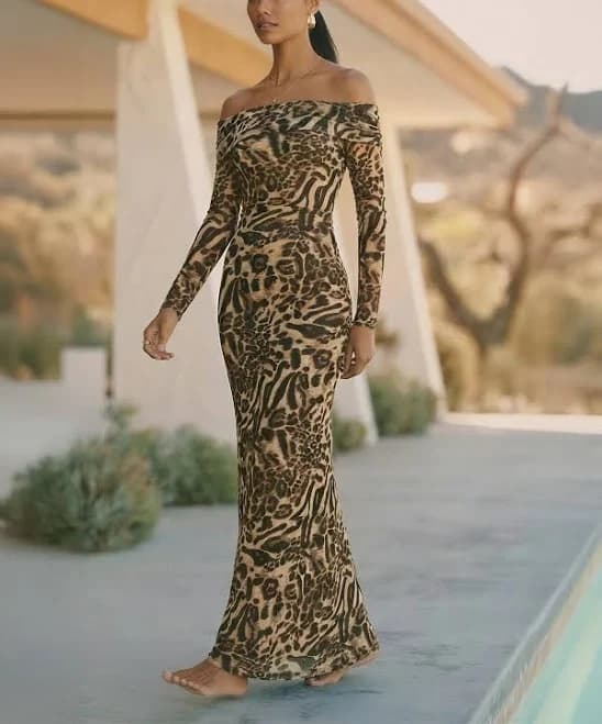 Off The Shoulder Leopard Maxi Dress