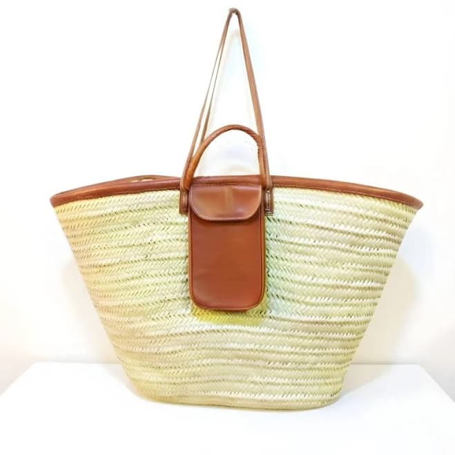 Handwoven Straw Beach Bag with Leather Pocket & Straps
