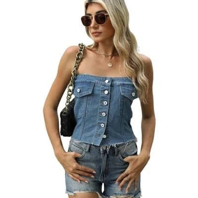 Coolmee Women's Strapless Button Up Shirred Raw Hem Denim Top