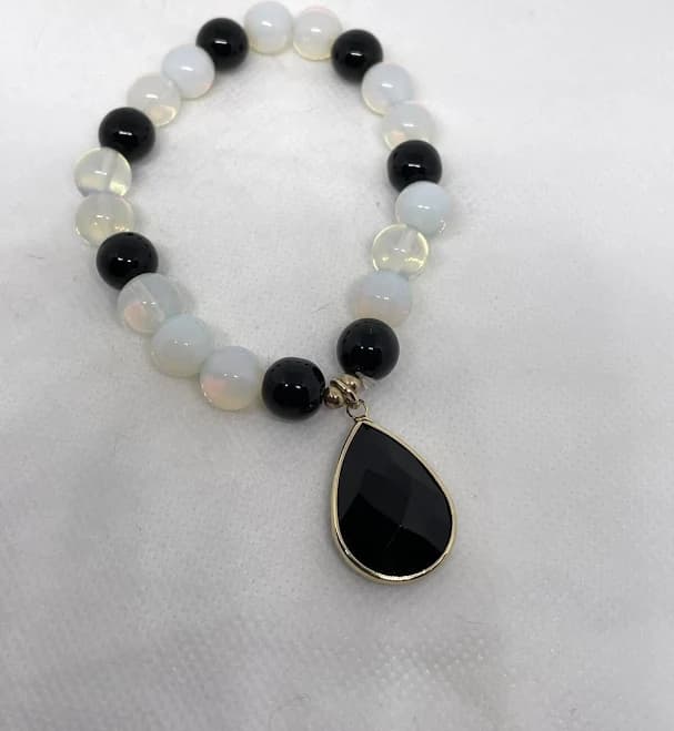 Multi Colored Beaded Black & White With Teardrop Charm Stretch