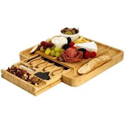 MegaChef Bamboo Charcuterie Cheese Board with Slide Out Drawer, Cheese Utensils, Bottle