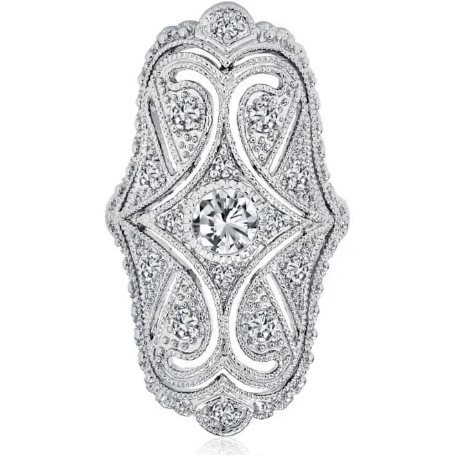 Bling Jewelry Deco Antique Style Filigree Pave Cubic Zirconia Cz Wide Armor Full Finger Fashion Statement Ring Rhodium Plated Brass - Silver