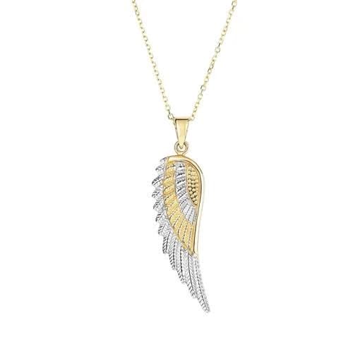 14K Yellow-White Gold Diamond Cut Angel Wing Pendant Necklace