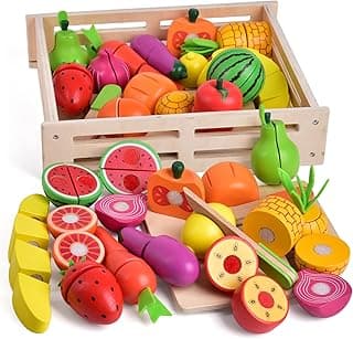 35PCS Wooden Play Food for Kids Kitchen, Pretend Cutting Food Toys with Wooden Tray, Dishes and Knife for Kids, Pretend Play Food for Christmas Birthday Gifts