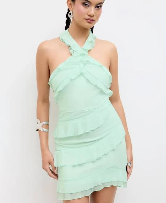 Mesh Halter Neckline Mini Dress with Lettuce Trim