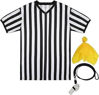 Referee Shirt Referee Costume for Men Women Unisex Black and White Stripe Ref Uniform Penalty Flag and Whistle for Sports