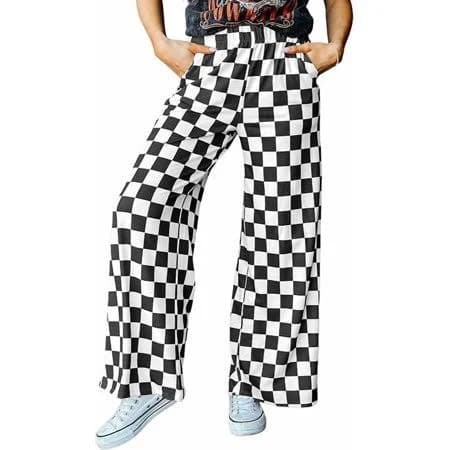 Women's Casual Elastic Waist Checkered Wide Leg Pants