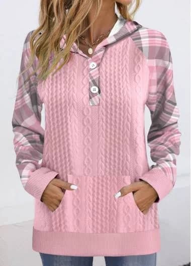 Rosewe Plaid Button Long Sleeve Hoodie