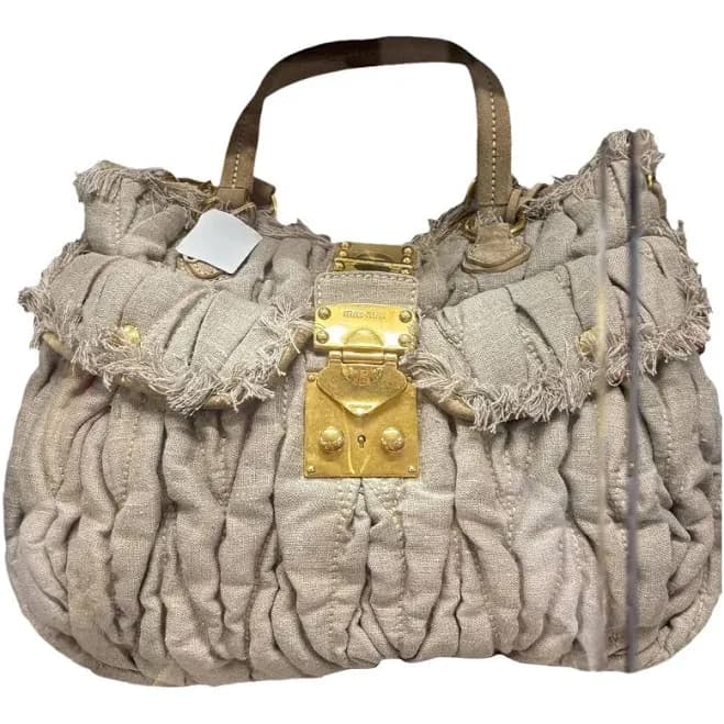 Guess Beige Ruched Linen Top Handle Bag