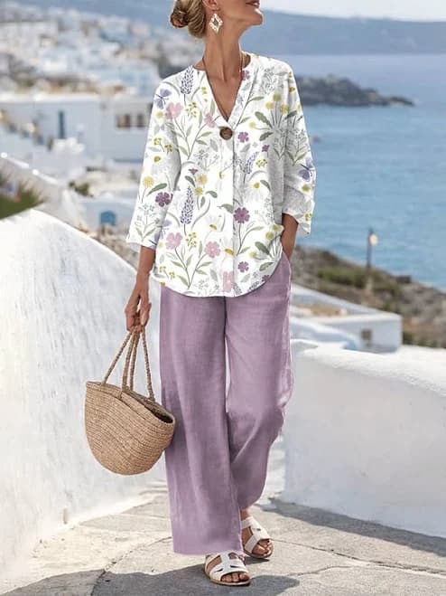 Women s Two Piece Sets Pants Sets 3/4 Length Sleeve V Neck Floral Graphic Print Daily Stylish Casual Daily Vacation Blue