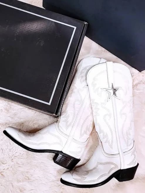 White Stitch Western Cowgirl Tall Boots with Metallic Star Applique