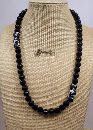 African Krobo Beads Necklace with Black Onyx