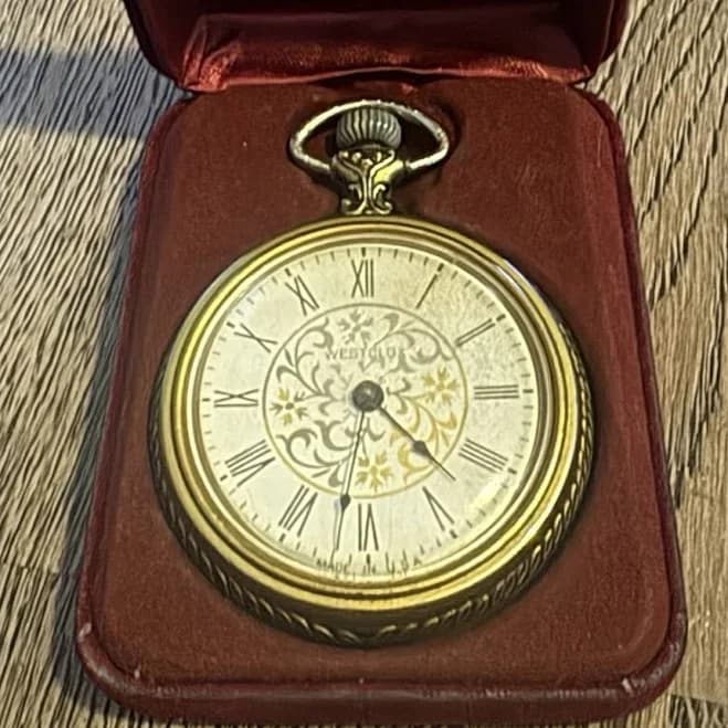 Westclox Pocket Watch Vintage Style Gold Tone W/ Box Floral Roman –