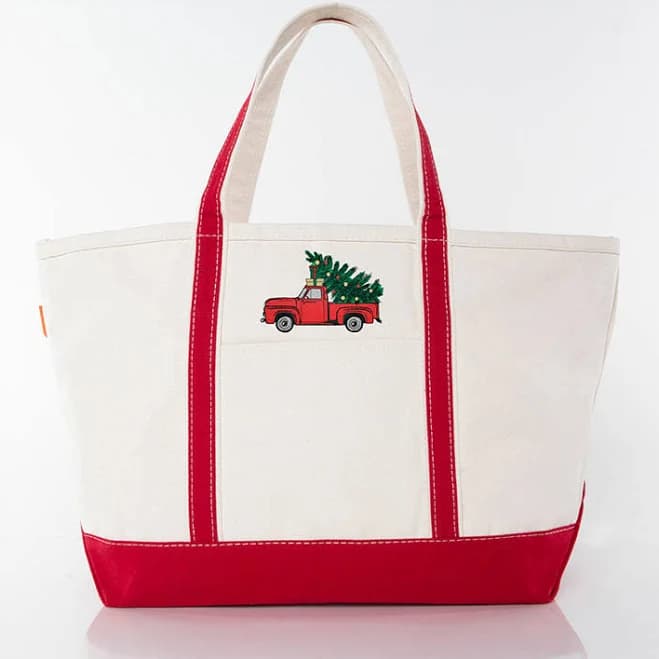 Red Trimmed Icon Icon Large Canvas Tote Bags by CB Station - Christmas Truck