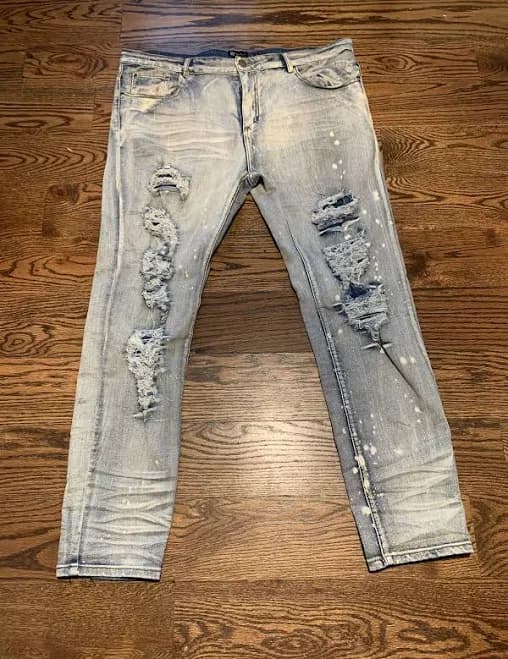 Waimea Mens Heavy Distressed Paint Drip Blue Jeans, Hip Hop