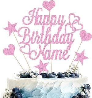Personalized Happy Birthday Cake Topper | Customized Name Cake Decoration | Double Sided Glitter Card | Baby Pink