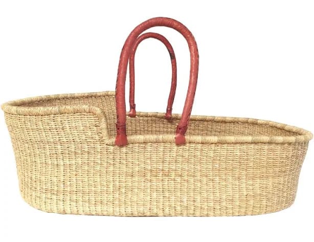 Moses Basket - African Styled Moses Basket Hand Woven in Ghana - Reddish Brown Leather Handle