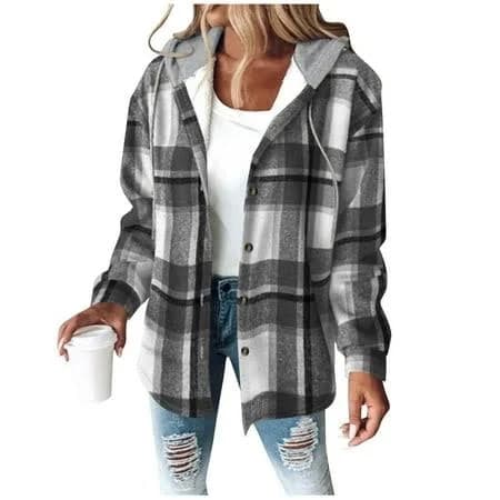 Women's Casual Loose Buffalo Plaid Flannel Jacket with Hood