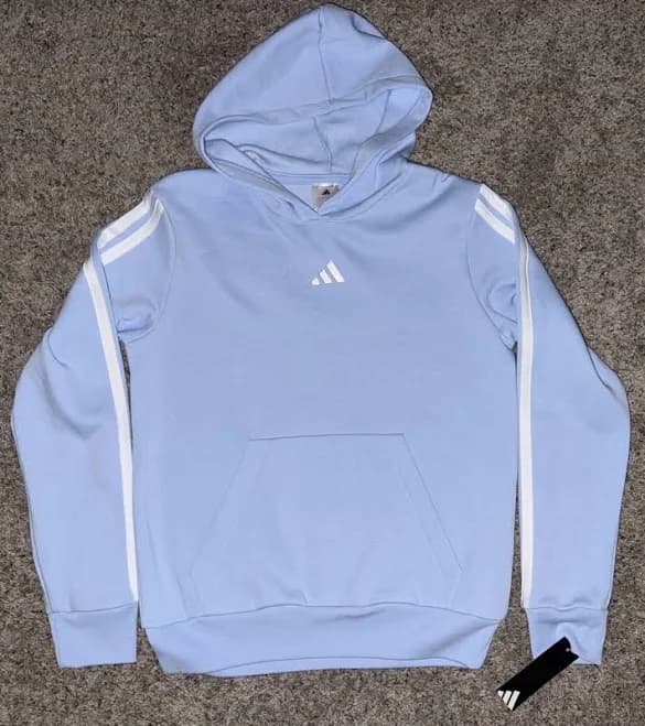 Adidas Youth X-large 18-20 Light Blue White 3 Stripe Pullover Hoodie