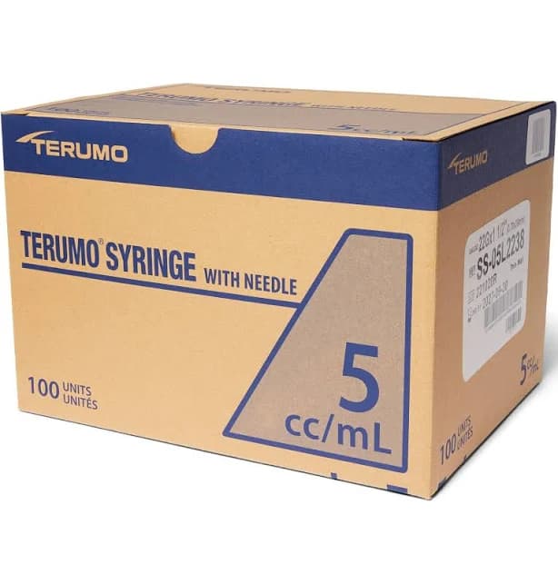 Terumo Luerlock Syringes 22G, 1.5-inch, 5-cc, 100 syringes