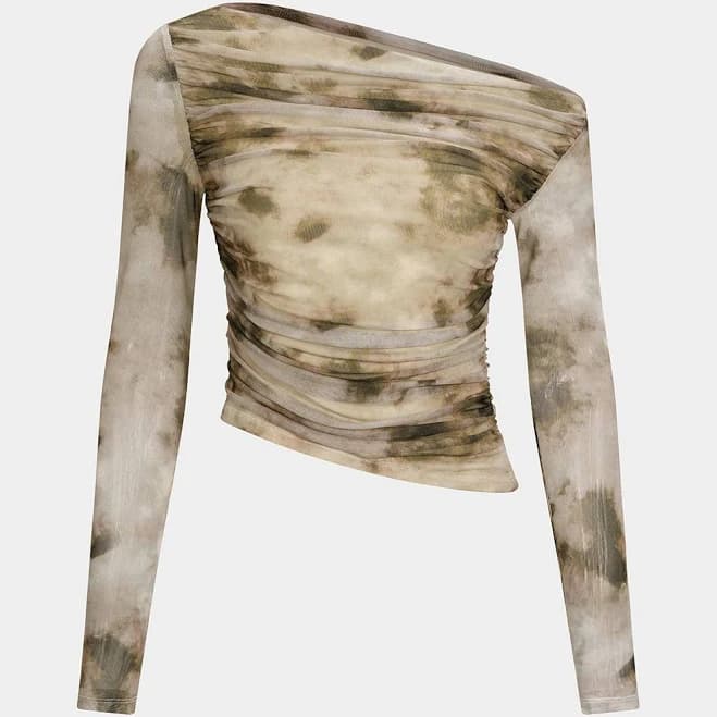 Off-Shoulder Ruched Mesh Long-Sleeve Top