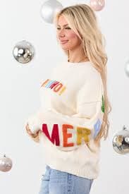 Mello Cream 'HO HO HO' Textured Christmas Sweater | Lime Lush Boutique