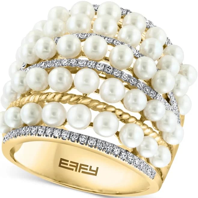 Effy 14K Gold Multirow Statement Ring with Cultured Freshwater Pearl and Diamond