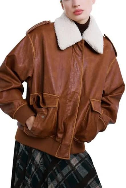 MANGO Women's Oversized Faux Leather Jacket with Removable Faux Shearling Collar