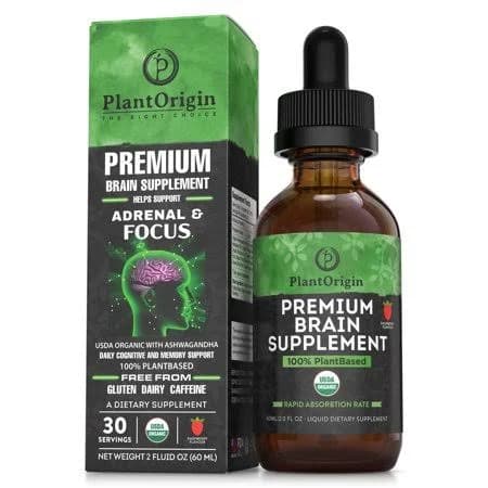 Plantorigin Premium Brain Supplement Drops Memory Focus & Adrenal | Ashwagandha Ginseng & Ginkgo Biloba| Usda Organic Vegan & Non Gmo | Gluten Free 30