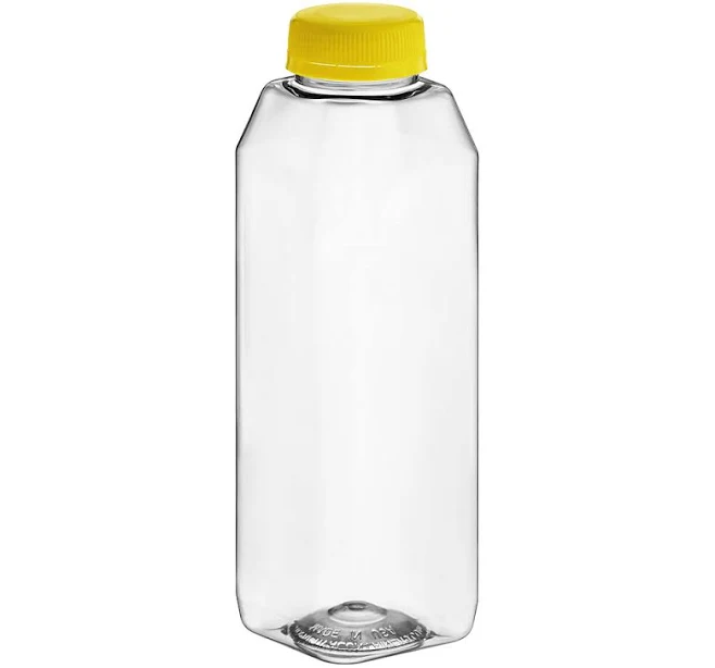 16 oz. Tall Square PET Clear Juice Bottle with Yellow Lid - 160/Case