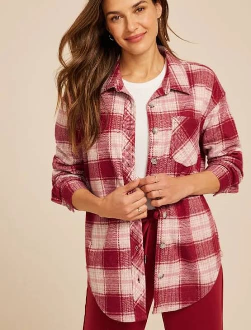 maurices Women's Plush Knit Flannel Plaid Boyfriend Button Down Shirt