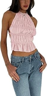 Women's Sleeveless Shirts Halter Backless Pleated Ruffle Hem Cute Cami Top Light Pink Medium