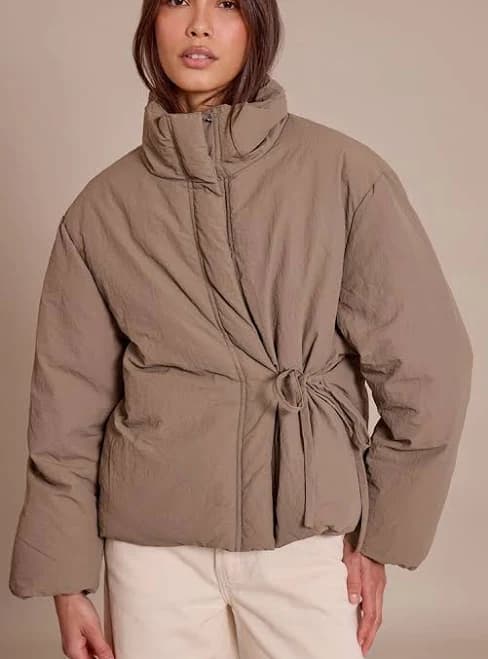 Washed Khaki Women's High Neck Quilted Puffer Jacket