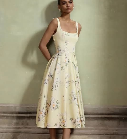 Lissa Square-Neck Floral Bouquet Midi Dress