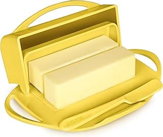 Flip-Top Butter Dish with Lid & Matching Knife, Holds 2 Sticks/European Butter, No-Mess Butter Holder, Shatterproof, Dishwasher Safe, Yellow