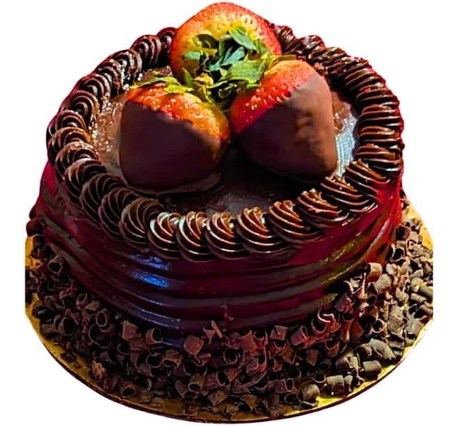 Chocolate Fudge Cake Garnished with Strawberries