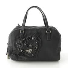 PRADA Nylon Triangle Logo Plate Heart Bijou Mini Tote Handbag Bag Black